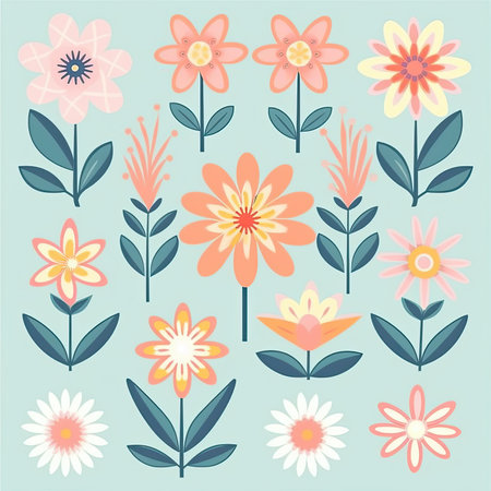 Set of cute flowers on blue background. Vector illustration in flat style. Vector clipart collection, scrapbookingの素材