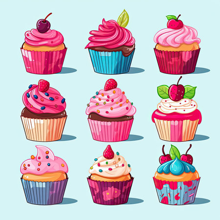 Cupcake vector icons set. Cakes with cream, cherry, strawberry and blueberry. Vector clipart collection, scrapbookingの素材