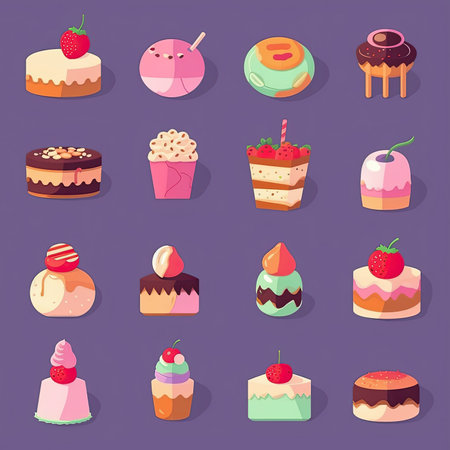 Set of sweet cakes. Vector illustration in a flat style. Isolated on purple background. Vector clipart collection, scrapbookingの素材