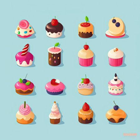 Cupcake icon set. vector illustration. isometric style. Vector clipart collection, scrapbookingの素材