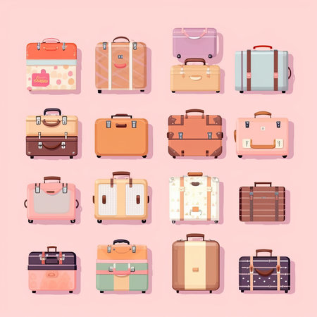 Set of different suitcases isolated on pink background. vector illustration. Vector clipart collection, scrapbookingの素材