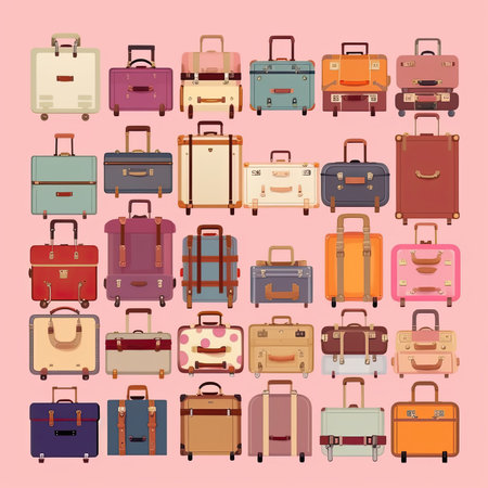 Set of travel suitcases isolated on pink background. vector illustration. Vector clipart collection, scrapbookingの素材