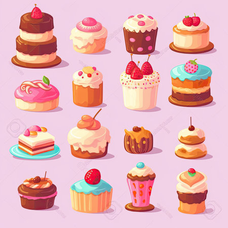 Set of different sweet cakes and cupcakes. Vector illustration in cartoon style. Vector clipart collection, scrapbookingの素材