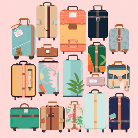 Set of different travel suitcases isolated on pink background. vector illustration. Vector clipart collection, scrapbookingの素材