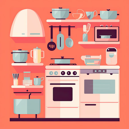 Kitchen interior with furniture and kitchenware vector illustration. flat style design. Vector clipart collection, scrapbookingの素材