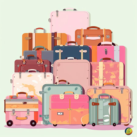 Pile of travel suitcases. Vector illustration in flat style. Vector clipart collection, scrapbookingの素材