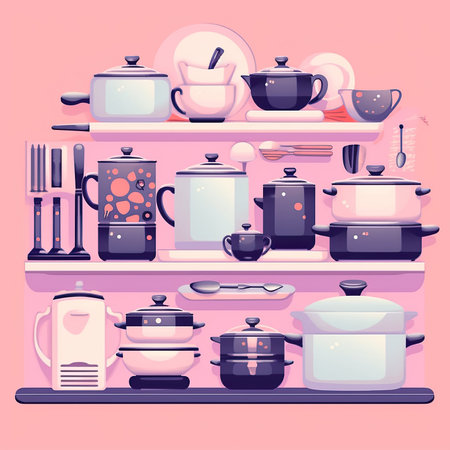 Kitchen utensils on shelves. Vector illustration in flat style. Vector clipart collection, scrapbookingの素材