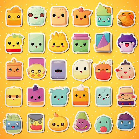 Vector illustration of a set of cute cartoon emoticons on a yellow background. Vector clipart collection, scrapbookingの素材