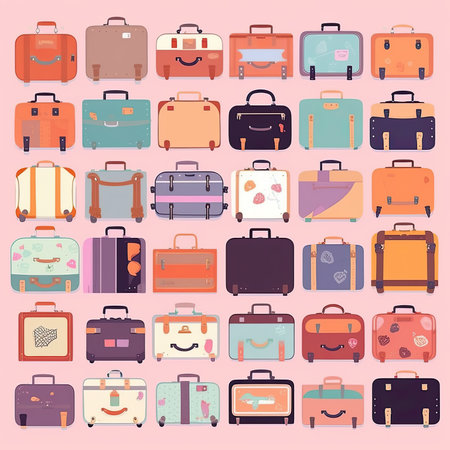Set of colorful travel suitcases. Vector illustration in flat style. Vector clipart collection, scrapbookingの素材
