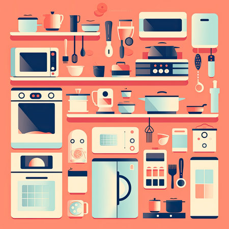 Kitchen appliances icons set in flat style. Vector illustration for web design. Vector clipart collection, scrapbookingの素材