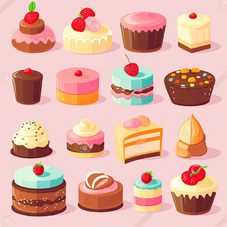Set of different cakes. Vector illustration in cartoon style. Isolated on pink background. Vector clipart collection, scrapbookingの素材