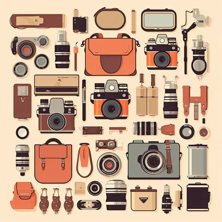 photography equipment set. Camera, camera, flash, lens, lens, pen, flash, flash, lens, flash, lens, lens, flash. vector illustration. Vector clipart collection, scrapbookingの素材