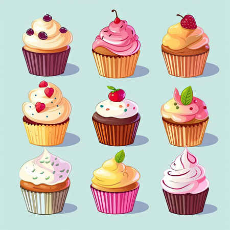 Set of cupcakes with cream and berries, vector illustration, eps10. Vector clipart collection, scrapbookingの素材