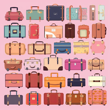 Set of different types of suitcases. Vector illustration in flat style. Vector clipart collection, scrapbookingの素材
