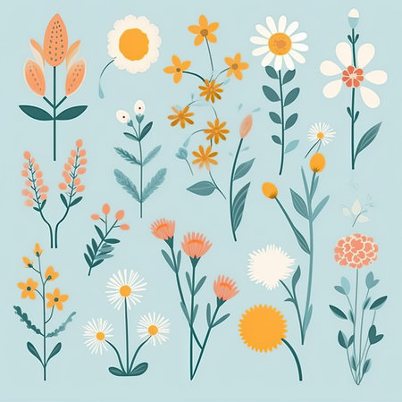 Set of hand drawn flowers and plants. Vector illustration in flat style. Vector clipart collection, scrapbookingの素材