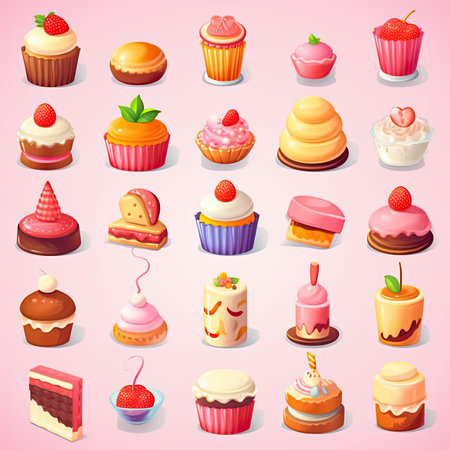 Cake icons set with different cakes and cupcakes isolated vector illustration. Vector clipart collection, scrapbookingの素材