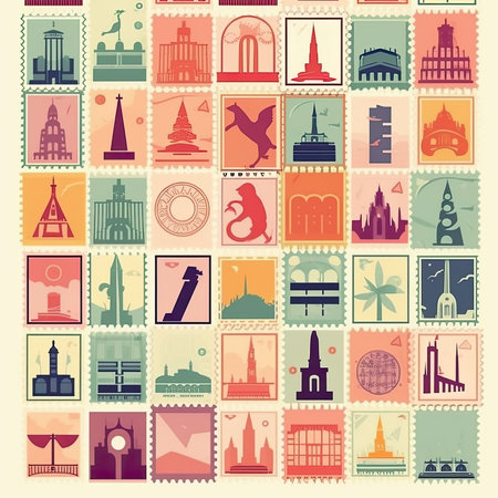 Set of postage`s stamps with famous cities. vector illustration. Vector clipart collection, scrapbookingの素材