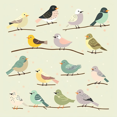 Set of cute birds on branches. Vector illustration in flat style. Vector clipart collection, scrapbookingの素材