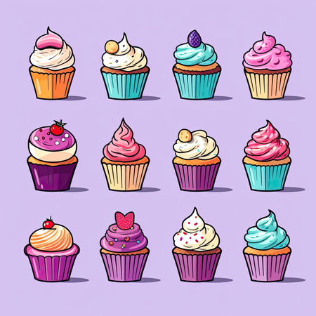 Set of hand drawn cupcakes. Vector illustration isolated on purple background. Vector clipart collection, scrapbookingの素材