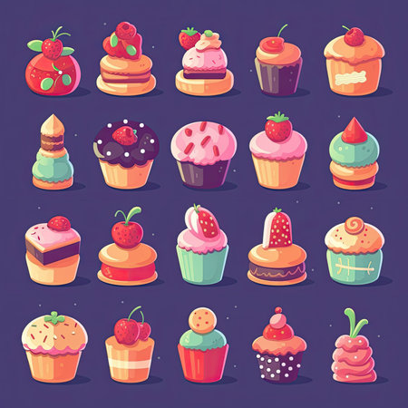 Cupcake icon set. Vector illustration in flat cartoon style. Vector clipart collection, scrapbookingの素材