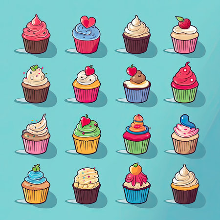 Cupcake icons set. Hand drawn cupcake vector illustration. Vector clipart collection, scrapbookingの素材