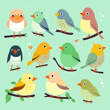 Set of cute birds on a branch. Vector illustration in flat style. Vector clipart collection, scrapbookingの素材