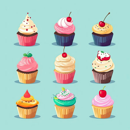 Cupcake vector set. Cakes with cream and cherry. vector illustration. Vector clipart collection, scrapbookingの素材