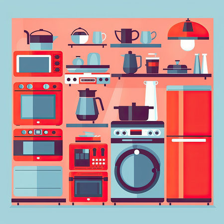 Kitchen interior with furniture and appliances. Flat style vector illustration. Vector clipart collection, scrapbookingの素材