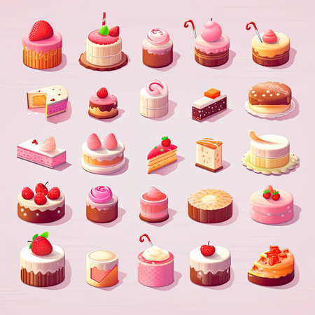 Cake icons set. Isometric set of cake vector icons for web design. Vector clipart collection, scrapbookingの素材