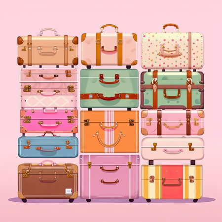 Set of different suitcases on pink background. Vector illustration in cartoon style. Vector clipart collection, scrapbookingの素材