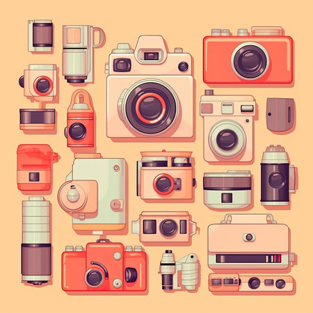 Set of retro cameras. Vector illustration in cartoon style. Isolated on orange background. Vector clipart collection, scrapbookingの素材