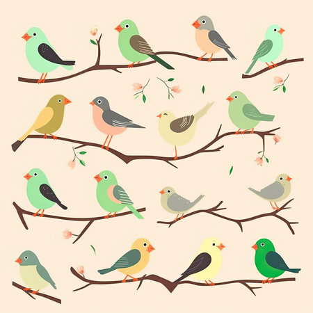 Set of cute birds on tree branches. Vector illustration in flat style. Vector clipart collection, scrapbookingの素材