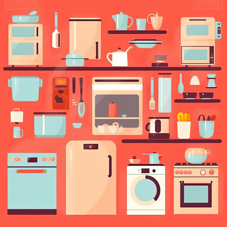 Kitchen utensils and household appliances. Vector illustration in flat style. Vector clipart collection, scrapbookingの素材