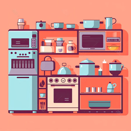 Kitchen interior vector illustration in flat style. Furniture and kitchen utensils. Vector clipart collection, scrapbookingの素材