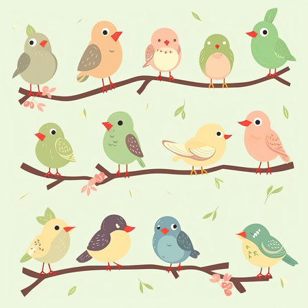 Vector set of cute cartoon birds on tree branches. vector illustration. Vector clipart collection, scrapbookingの素材