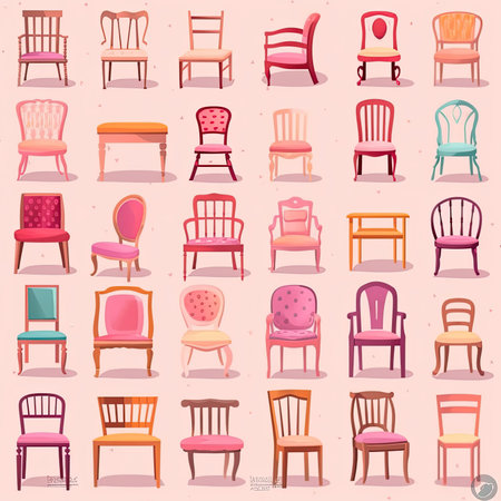 Set of chairs in cartoon style isolated on pink background. vector illustration. Vector clipart collection, scrapbookingの素材