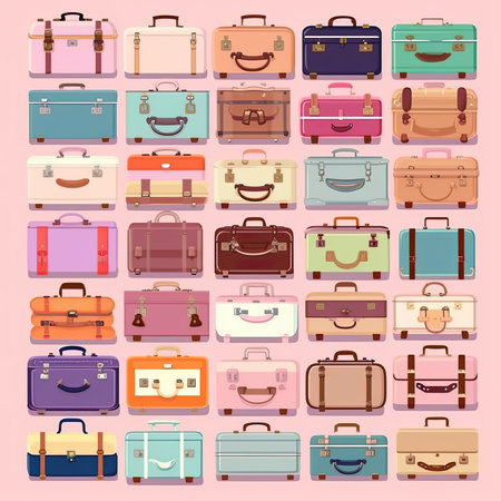 Vintage travel suitcase collection. Vector illustration in flat style. Vector clipart collection, scrapbookingの素材