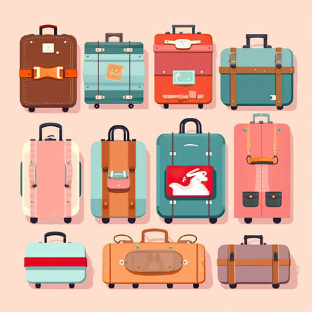 Set of different travel suitcases. Vector illustration in flat style. Vector clipart collection, scrapbookingの素材