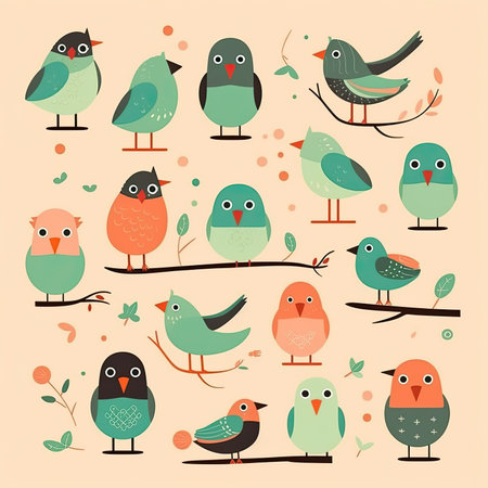 Set of cute cartoon birds. Hand drawn vector illustration in flat style. Vector clipart collection, scrapbookingの素材