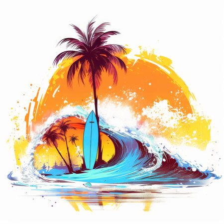Surfboard and palm trees on the background of the sea., Summer Splash Prints, vector tropical illustrationの素材