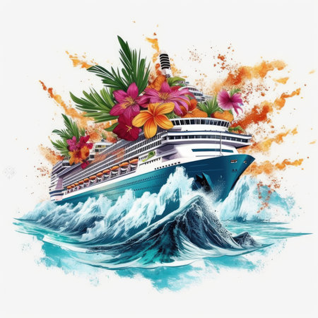 Cruise ship with tropical flowers and splashes on watercolor background, Summer Splash Prints, vector tropical illustrationの素材