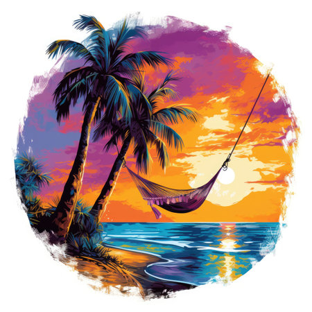 Hammock and palm trees on the beach at sunset, Summer Splash Prints, vector tropical illustrationの素材