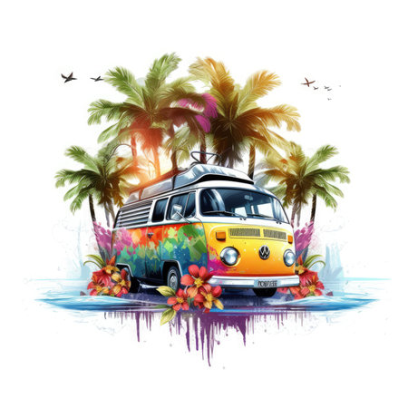 Vintage bus on tropical island with palm trees and flowers, hand drawn illustration, Summer Splash Prints, vector tropical illustrationの素材