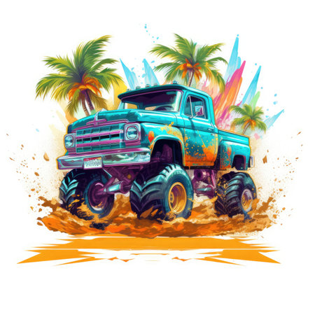 Trucks on the beach. Vector illustration of an off-road vehicle, Summer Splash Prints, vector tropical illustrationの素材