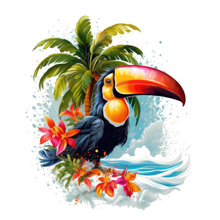 Tropical background with toucan and palm trees, Summer Splash Prints, vector tropical illustrationの素材