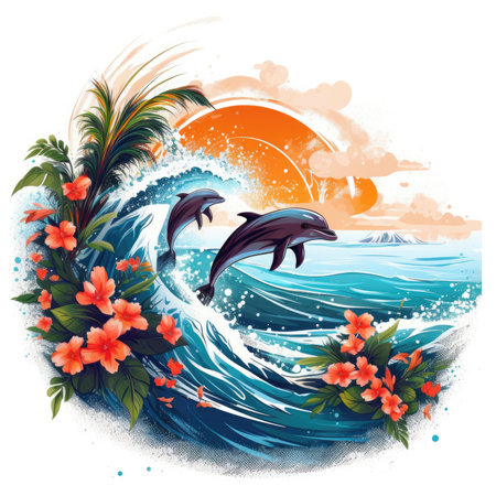Beautiful background with dolphins and tropical flowers. Vector illustration for your design, Summer Splash Prints, vector tropical illustrationの素材