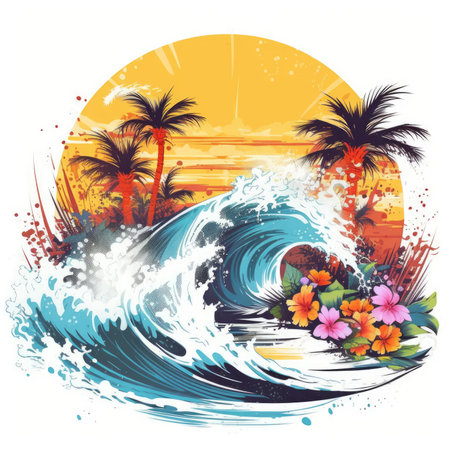Tropical beach with palm trees and surfboard, Summer Splash Prints, vector tropical illustrationの素材