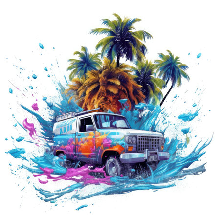 Trucks, palm trees and splashes of water on a white background, Summer Splash Prints, vector tropical illustrationの素材