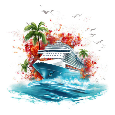 Cruise ship in the sea with palm trees and flowers, Summer Splash Prints, vector tropical illustrationの素材
