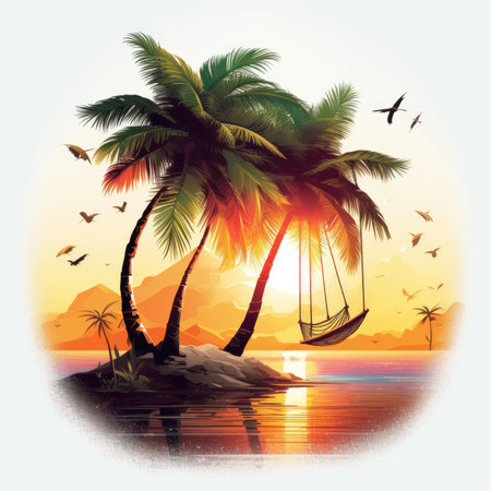 Tropical island with palm trees, sea and birds, Summer Splash Prints, vector tropical illustrationの素材